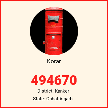 Korar pin code, district Kanker in Chhattisgarh