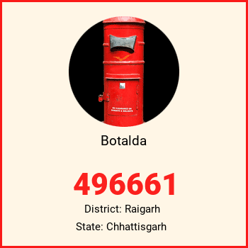 Botalda pin code, district Raigarh in Chhattisgarh